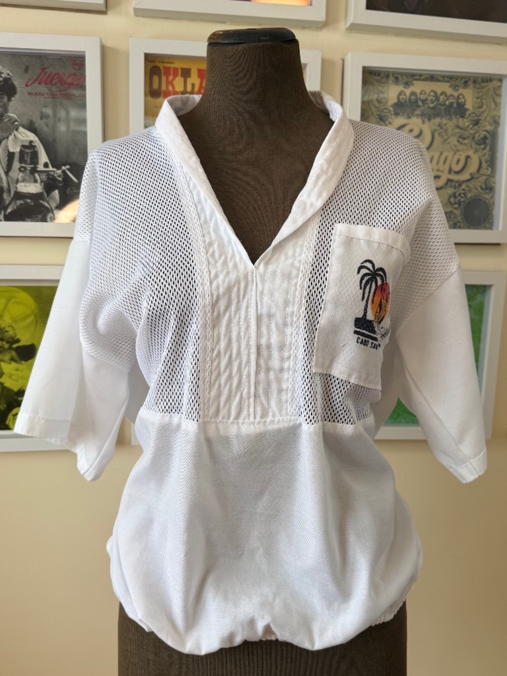 VINTAGE CABO SAN LUCAS MESH PANEL RESORT TOP • 80s WHITE BEACH BLOUSE